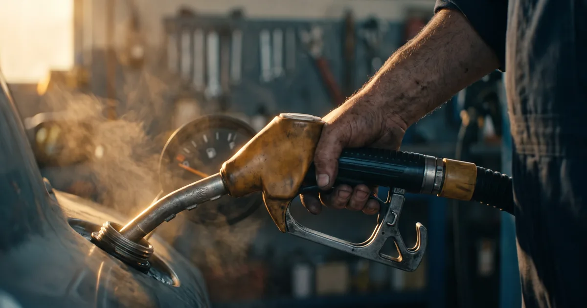 Close up of a hand refuelling a car at a diesel pump with warm evening light