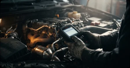 Mechanic holding a diagnostic tool near a diesel engine bay and DPF canister