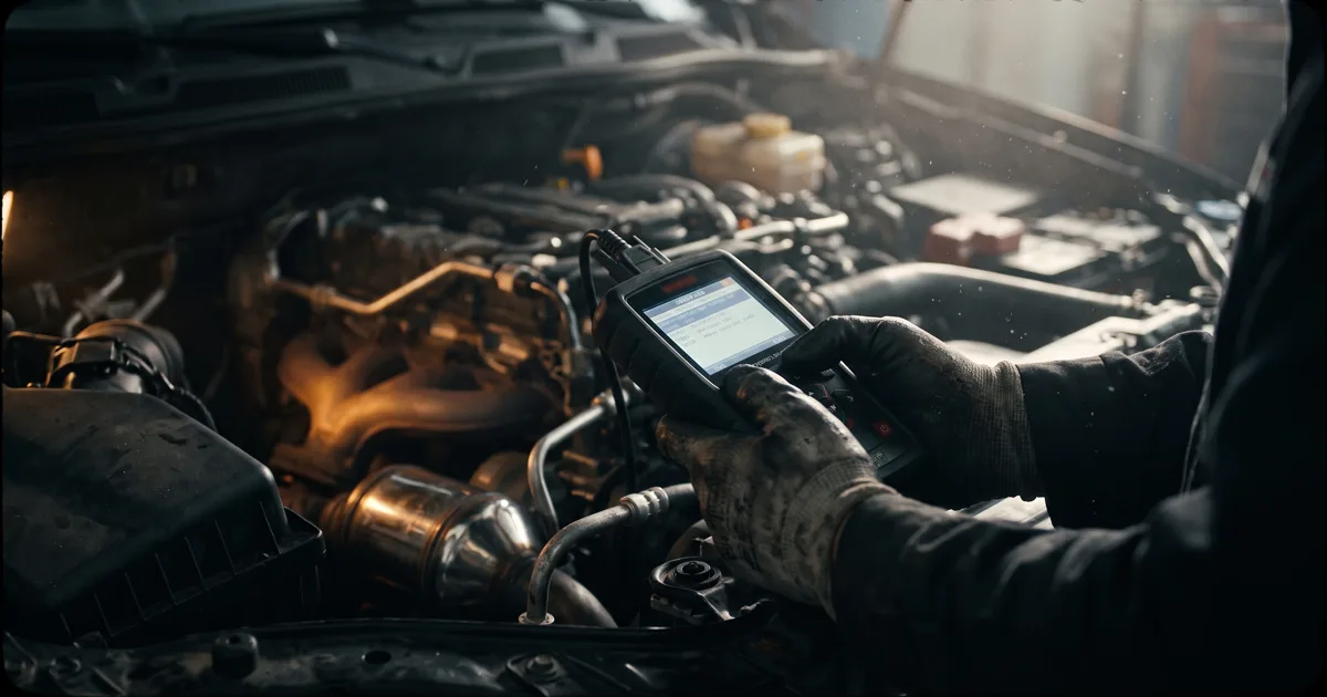 Mechanic holding a diagnostic tool near a diesel engine bay and DPF canister