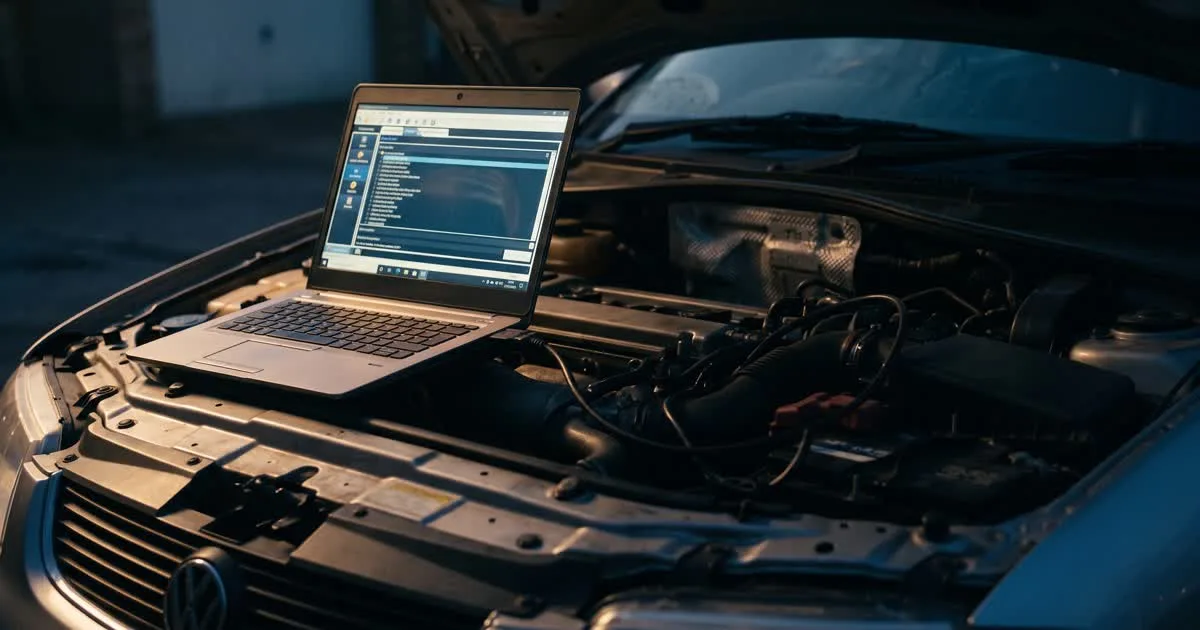 Laptop showing ECU diagnostic software connected to a car engine bay at dusk