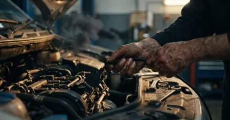 Mechanic's hands connecting a diagnostic laptop to an engine bay with a faint curl of exhaust smoke in the background