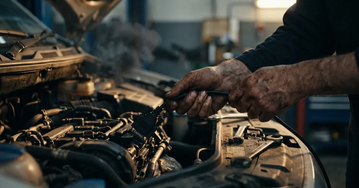 Mechanic's hands connecting a diagnostic laptop to an engine bay with a faint curl of exhaust smoke in the background