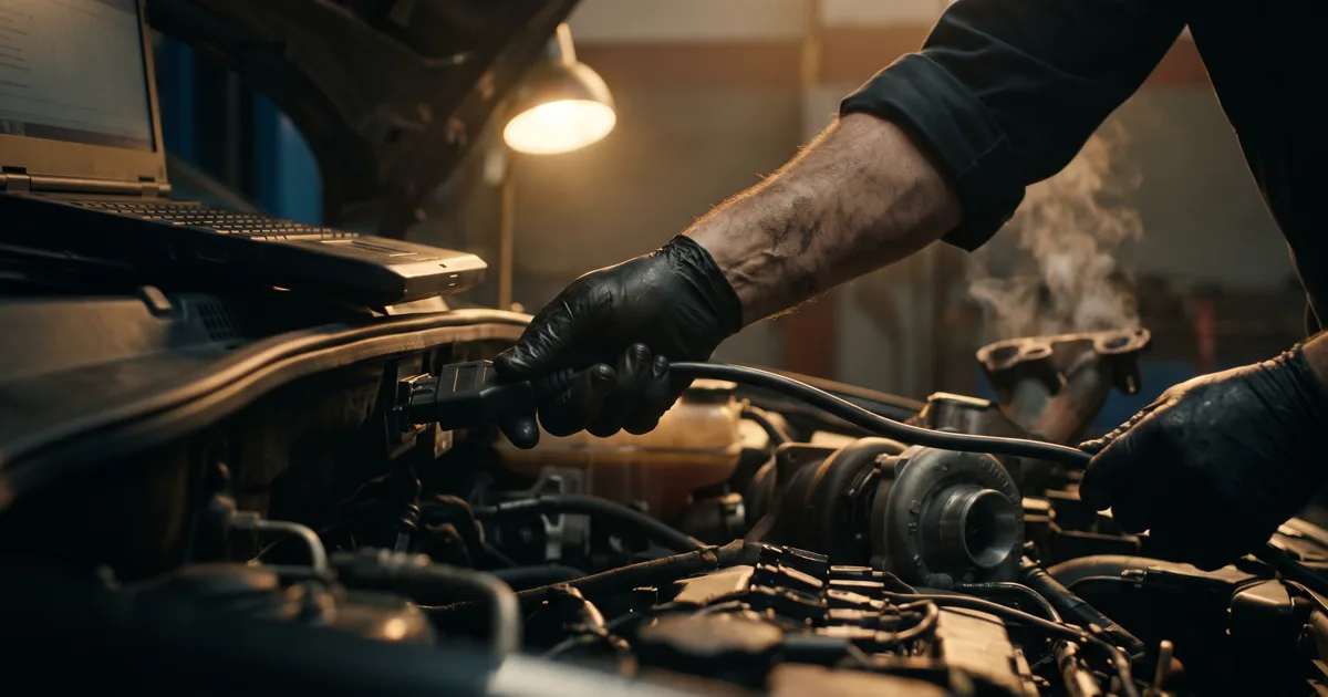 Close up of a mechanic's gloved hands connecting a diagnostic cable to a car in a dimly lit workshop