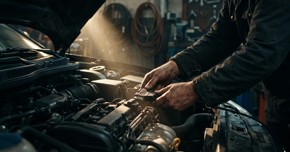 Close up of a mechanic's hands connecting a diagnostic cable to an ECU in an engine bay