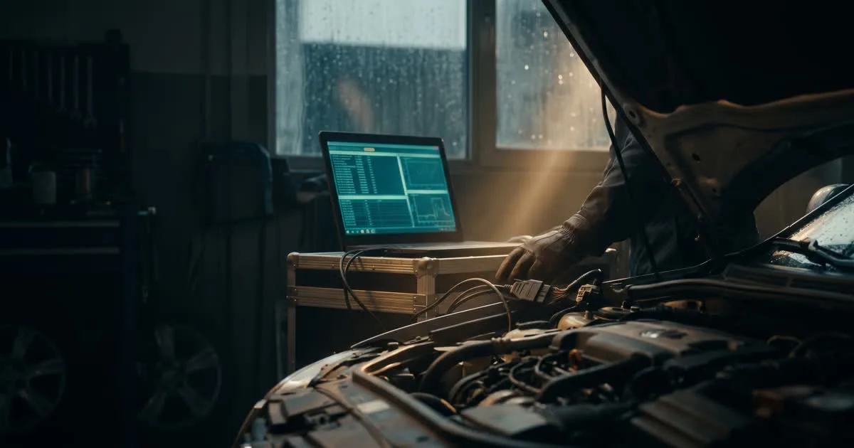 Close up of a laptop showing diagnostic data next to an open car bonnet in a dimly lit tuning garage