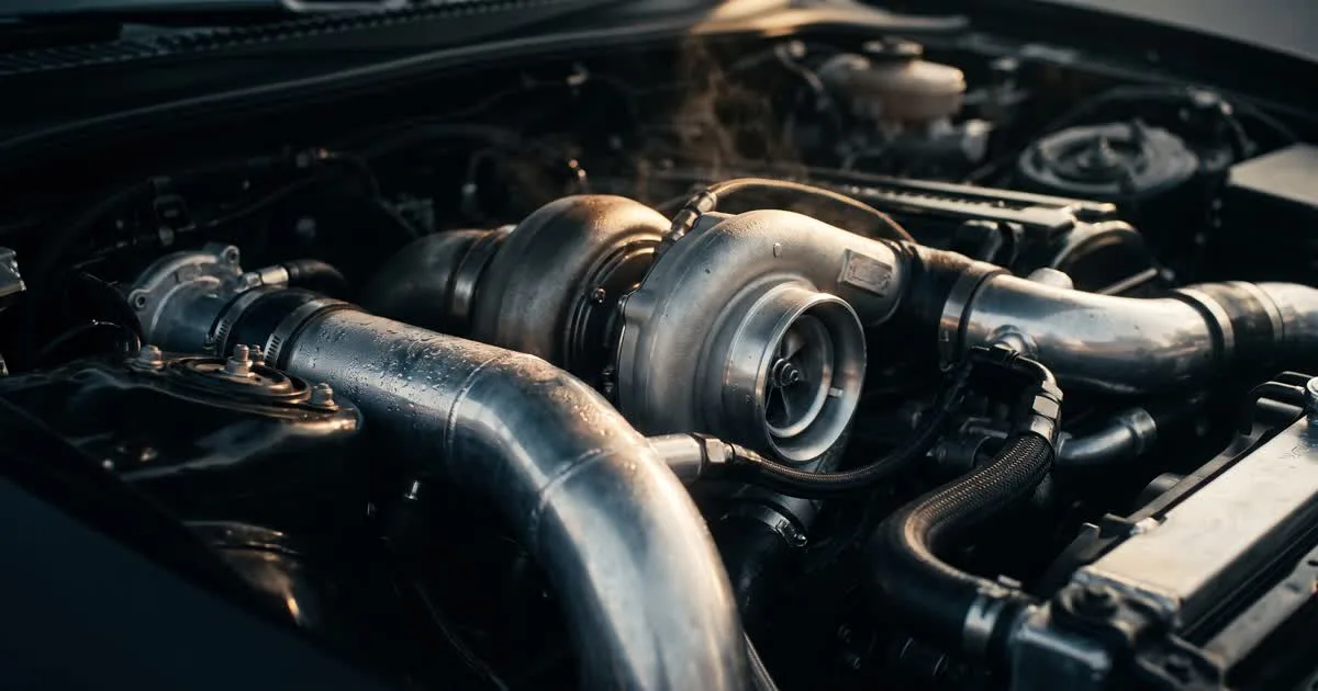 Close-up of a turbocharger and intercooler piping on a performance car engine