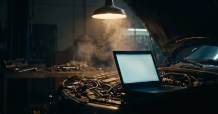 Dimly lit car workshop bay at night with a diagnostic laptop glowing under an open bonnet