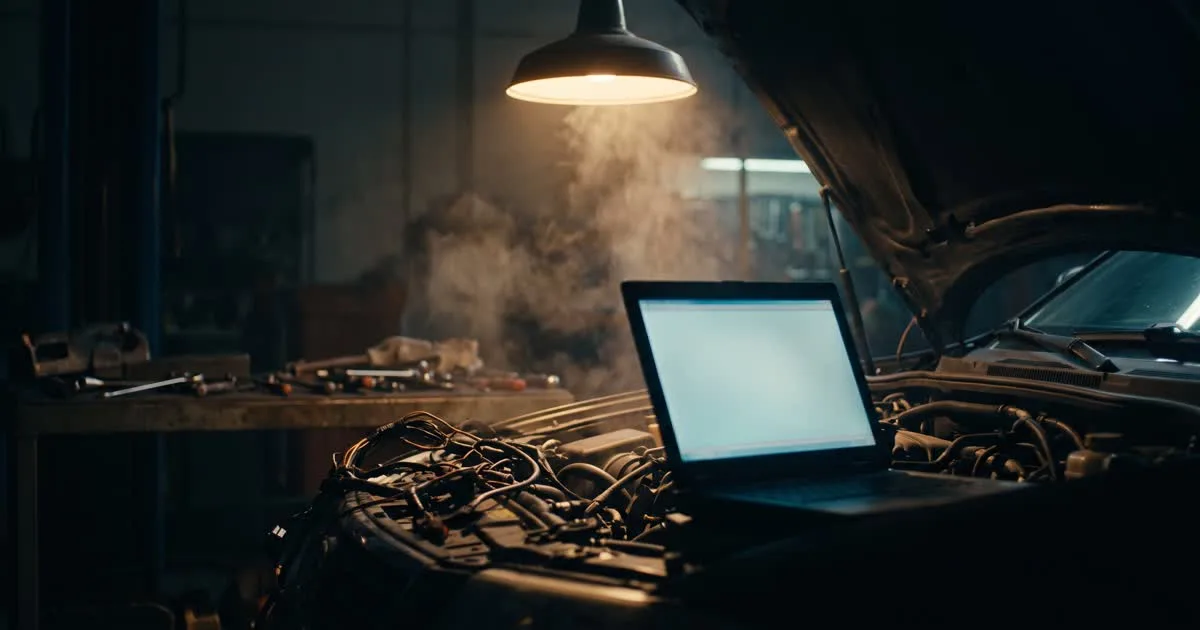Dimly lit car workshop bay at night with a diagnostic laptop glowing under an open bonnet